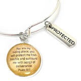 Protected in Scripture Charm Bangle Bracelet - Psalm 32:7 Word+Scripture Christian Affirmations Jewelry, Silver