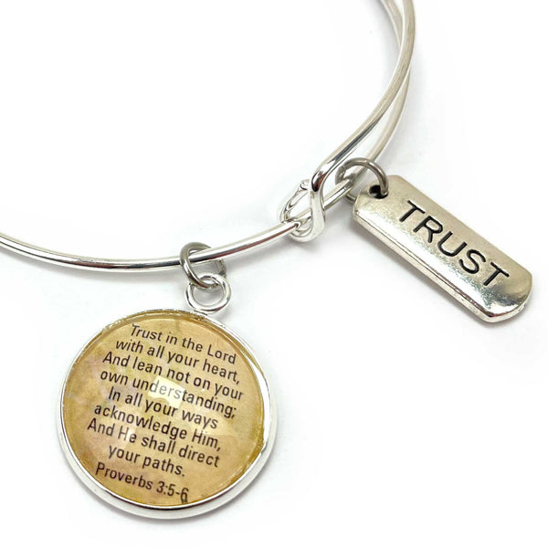 Trust and Scripture Charm Bangle Bracelet - Psalm 32:7 Word+Scripture Christian Affirmations Jewelry, Silver