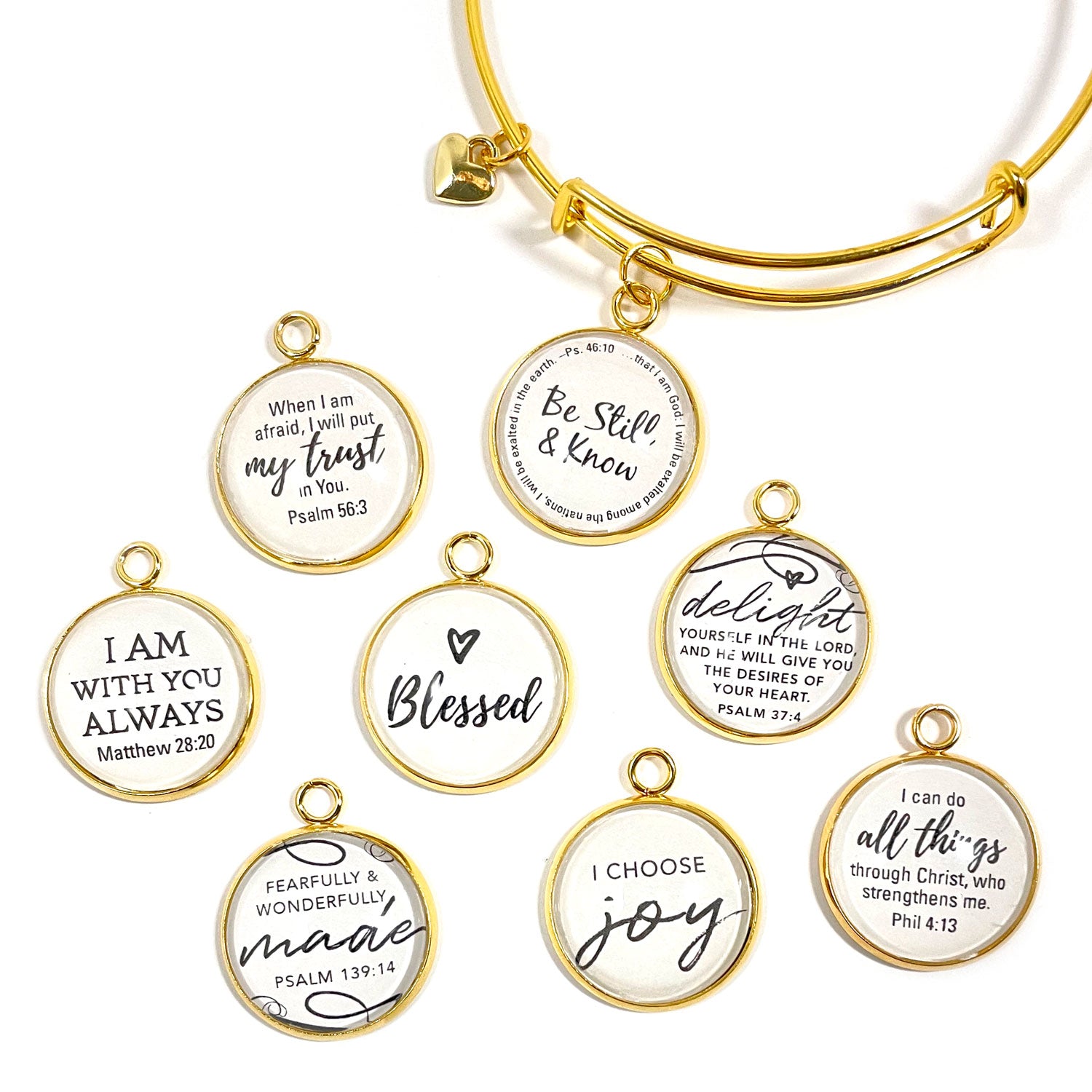 Scripture Charm Bangle Bracelet - Christian Jewelry, Gold