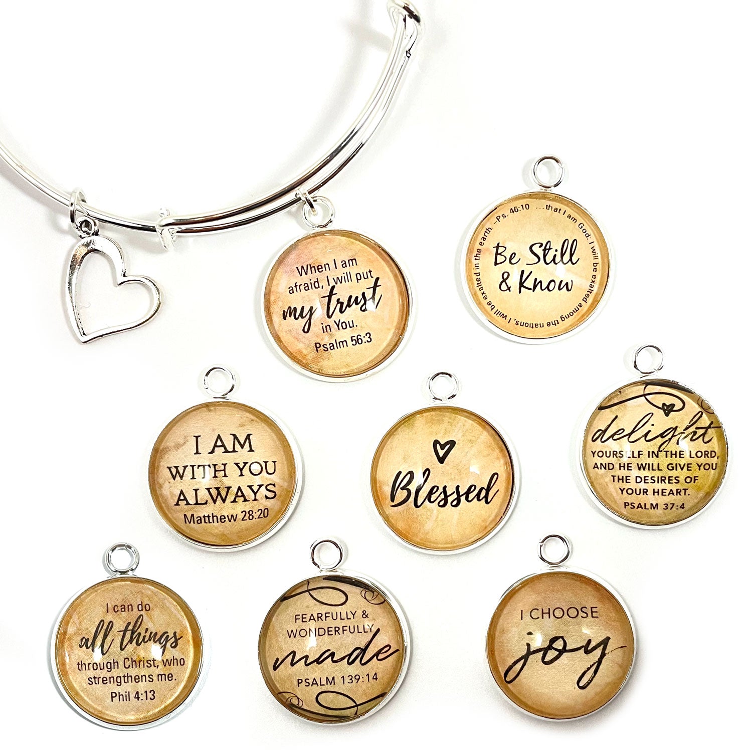 Scripture Charm Bangle Bracelet - Christian Jewelry, Silver