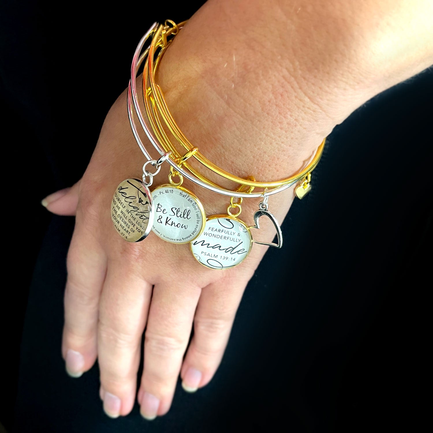 Scripture Charm Bangle Bracelet - Christian Jewelry, Gold, Silver