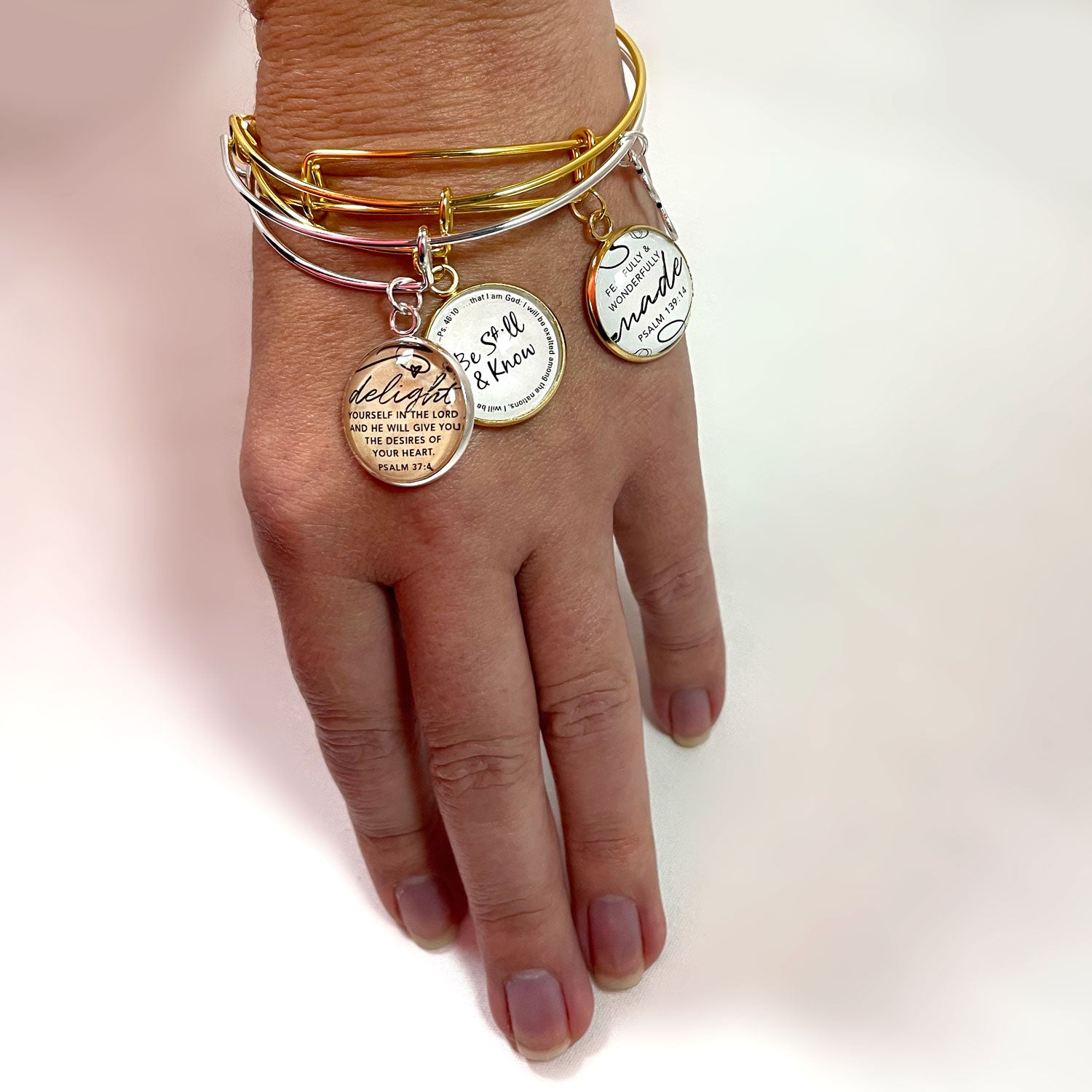 Scripture Charm Bangle Bracelet - Christian Jewelry on wrist