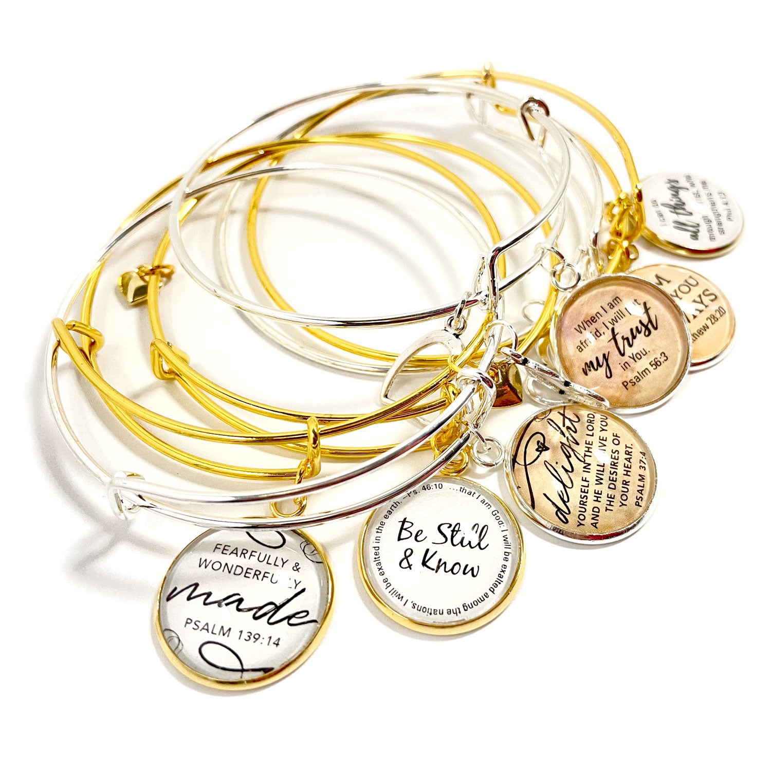 Scripture Charm Bangle Bracelet - Christian Jewelry, Gold, Silver