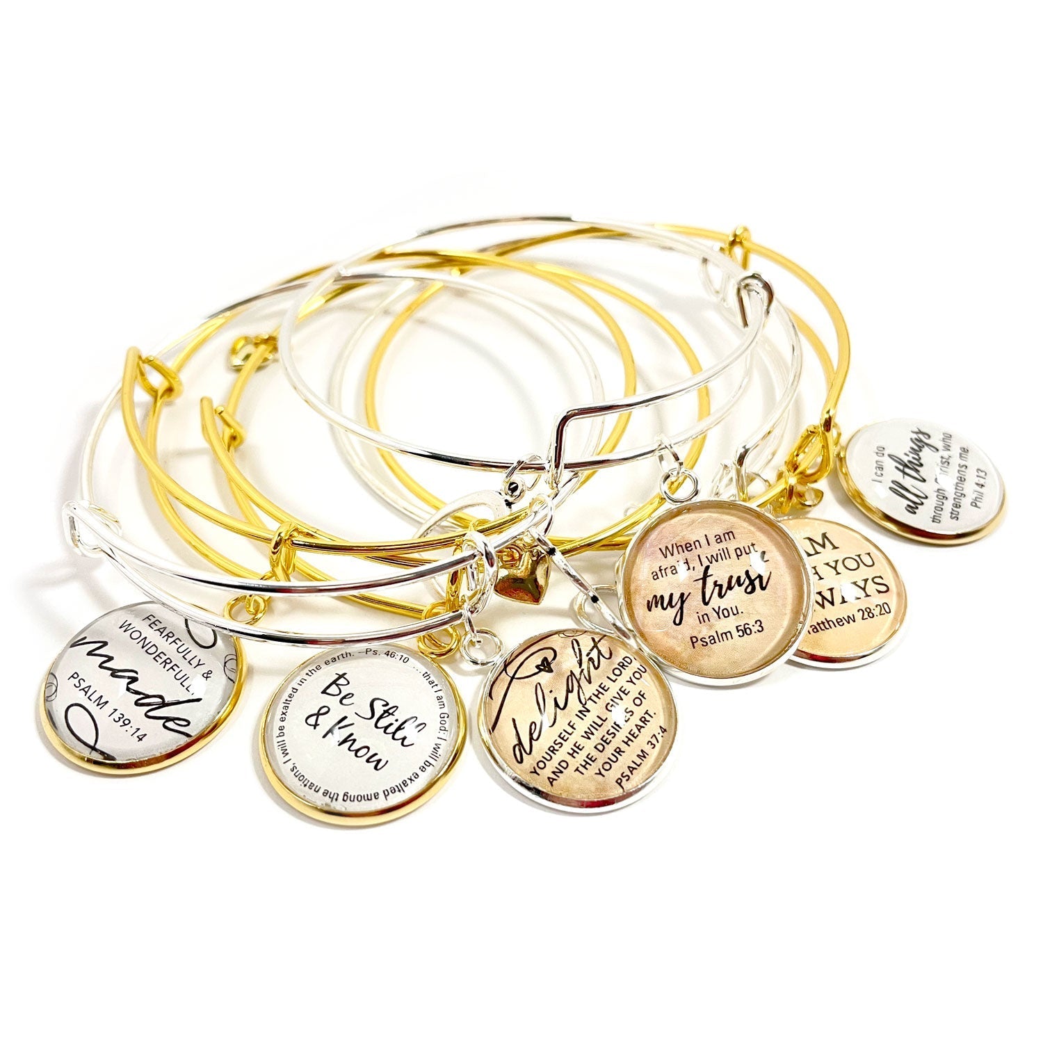 Hebrew Names of God Charm Bangle Bracelet – Mighty God, Everlasting God, God Almighty, The Lord will Provide, The Lord Who Sanctifies, The Lord is Our Peace