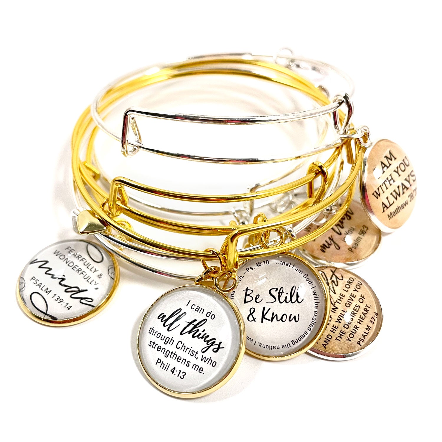 Scripture Charm Bangle Bracelet - Christian Jewelry, Gold, Silver