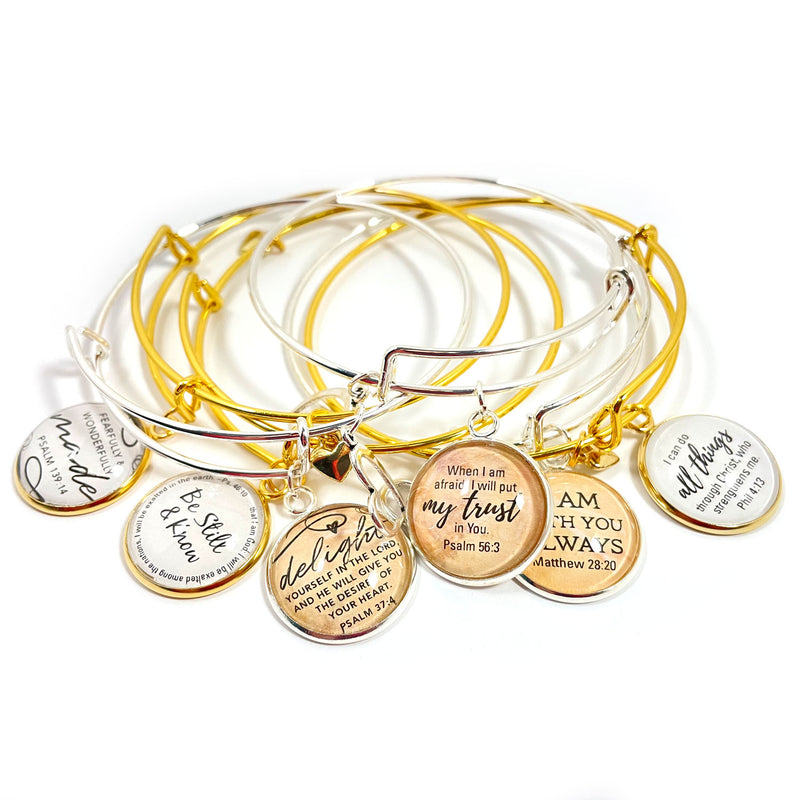 Scripture Charm Bangle Bracelet - Christian Jewelry, Gold, Silver