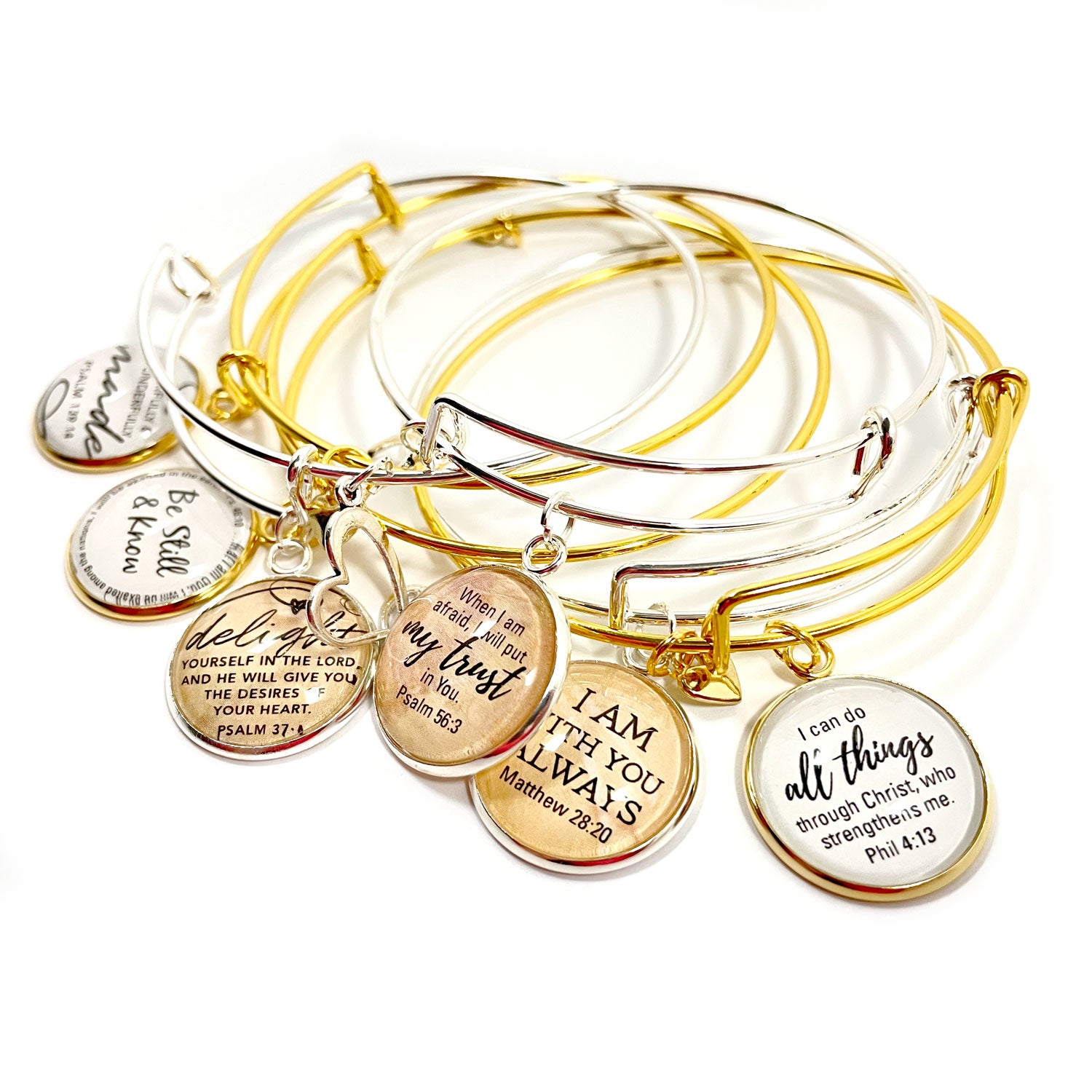 Scripture Charm Bangle Bracelet - Christian Jewelry, Gold, Silver