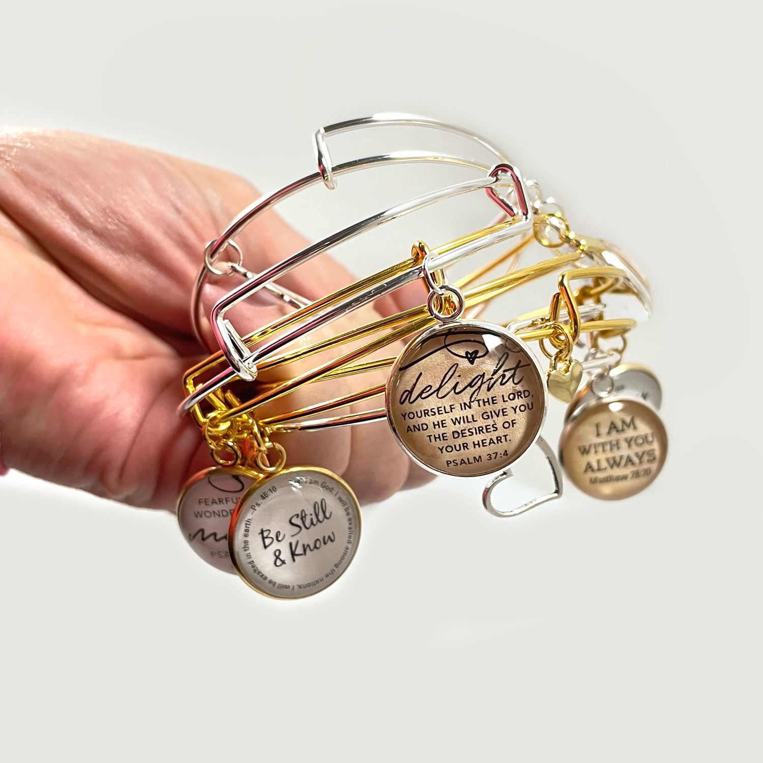 Scripture Charm Bangle Bracelet - Christian Jewelry, Gold, Silver