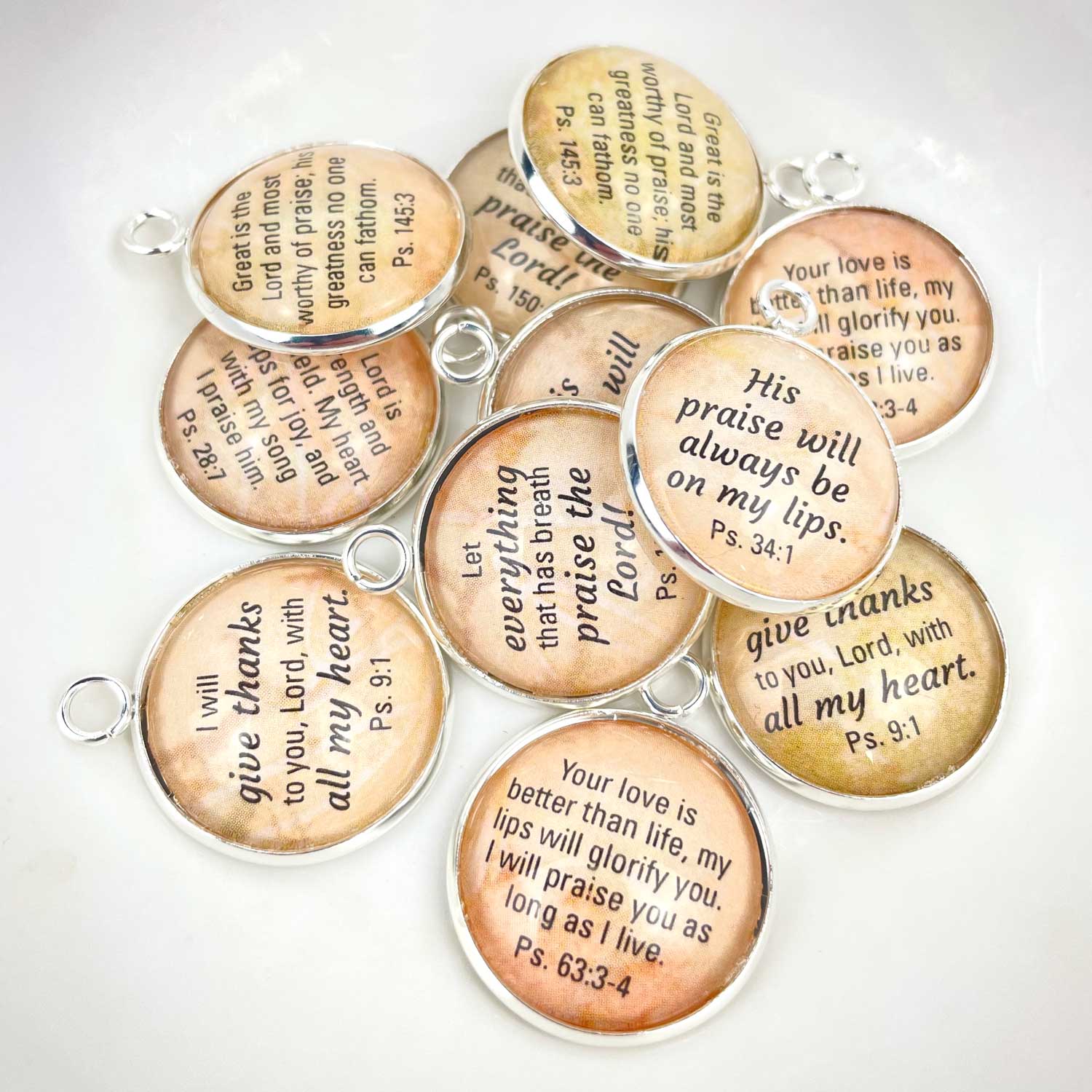 Praise the Lord! Set of 6 Psalms Scripture Charms for Jewelry Making – 20mm Silver – Bulk Christian Jewelry Charms