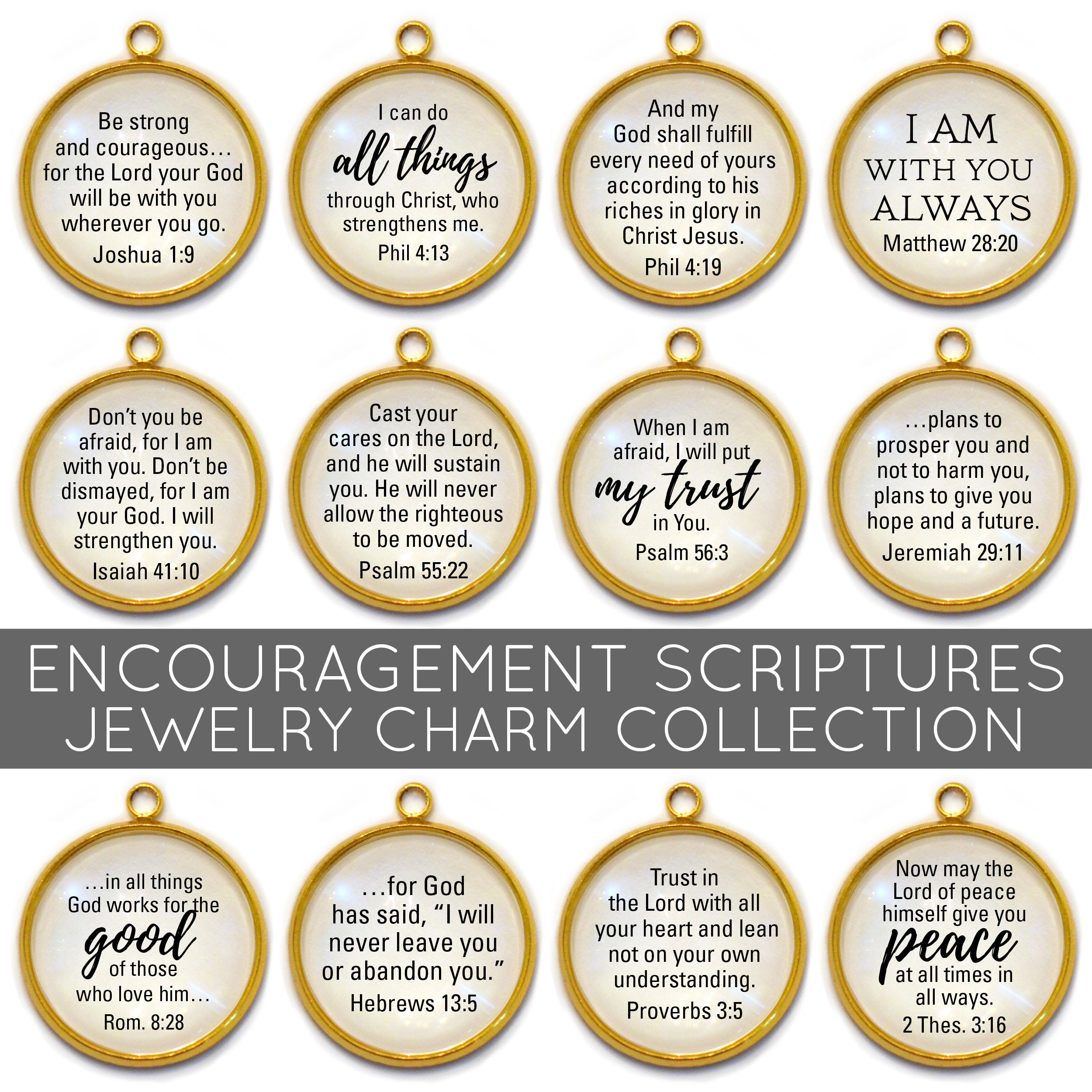 Encouragement Scriptures - Set of 12 Christian Bible Verse Charms for Jewelry Making – 16 or 20mm, Gold – Bulk Bracelet Charms