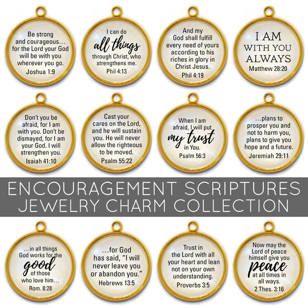 Encouragement Scriptures - Set of 12 Christian Bible Verse Charms for Jewelry Making – 16 or 20mm, Gold – Bulk Bracelet Charms