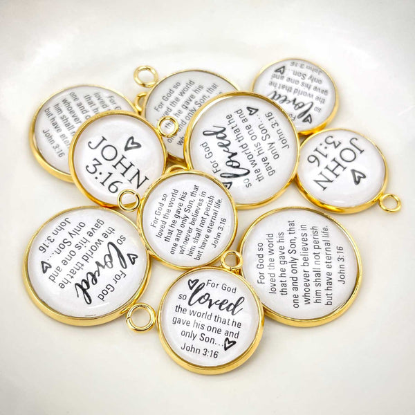 For God So Loved the World! Set of John 3:16 Scripture Charms for Jewelry Making – 16 & 20mm, Silver, Gold – Bulk Christian Jewelry Charms