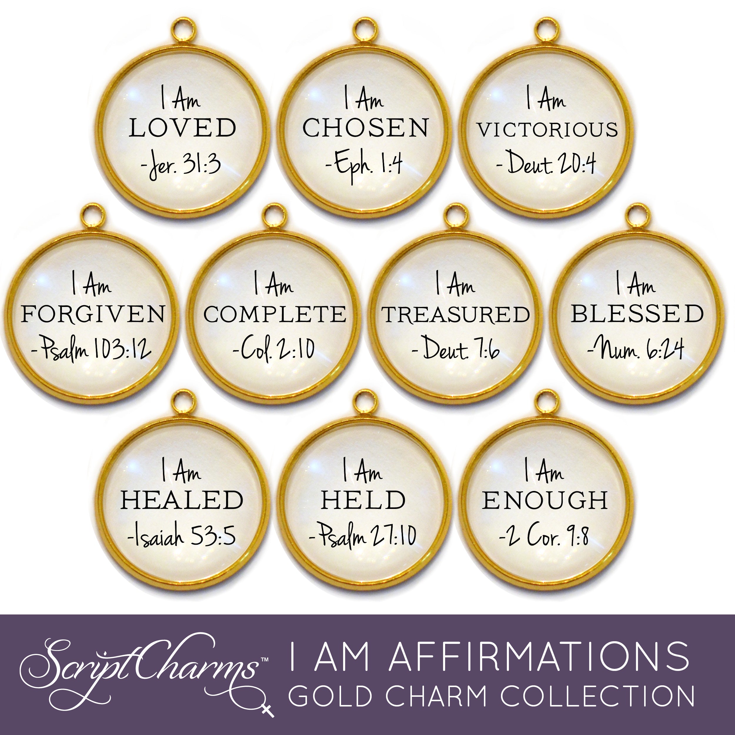 I AM Loved, Blessed, Forgiven, Enough Affirmations – 16mm Glass Scripture Jewelry Making Charms – Bulk Designer Christian Religious Charms