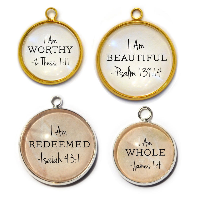 I AM Strong, Beautiful, Unique, Hope Affirmations – Glass Scripture Jewelry Making Charms – Bulk Designer Christian Religious Charms