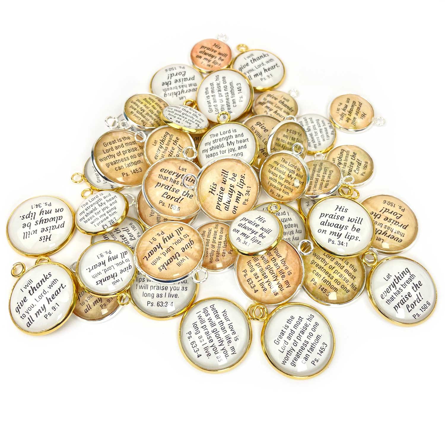 Praise the Lord! Set of 6 Psalms Scripture Charms for Jewelry Making – 16 or 20mm, Silver, Gold – Bulk Christian Jewelry Charms