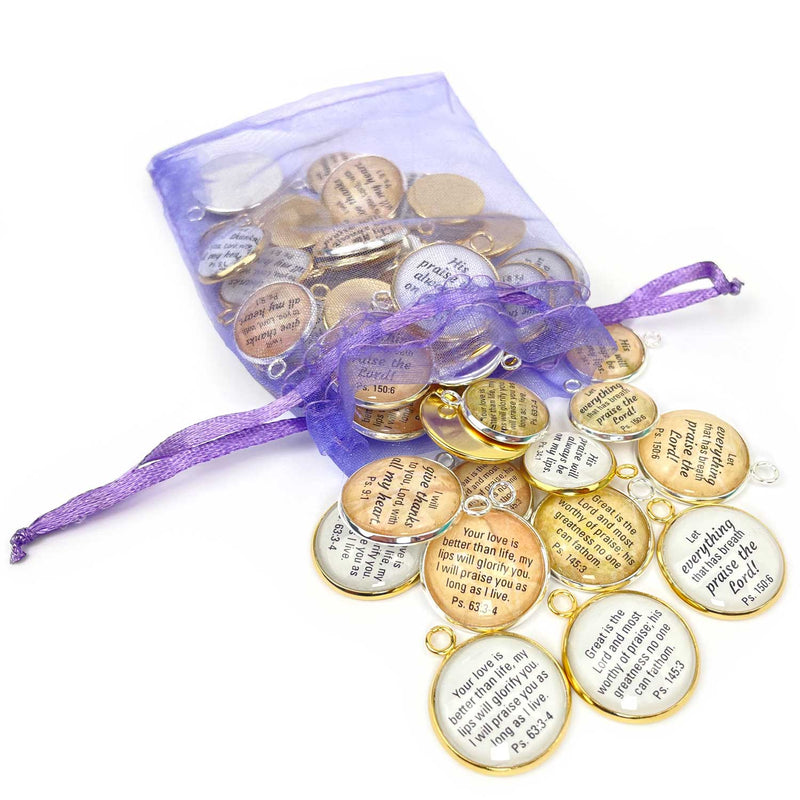 Praise the Lord! Set of 6 Psalms Scripture Charms for Jewelry Making – 16 or 20mm, Silver, Gold – Bulk Christian Jewelry Charms