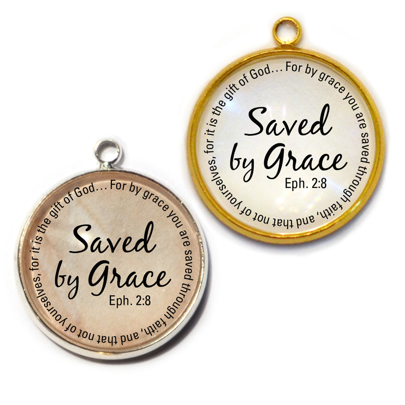 "Saved by Grace" Ephesians 2:8 Scripture Charms for Jewelry Making, 20mm, Silver, Gold
