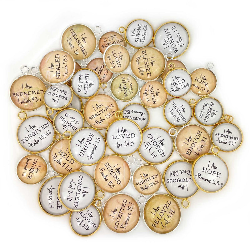 "I AM" Set of 20 Christian Affirmations Charms – Glass Scripture Jewelry Making Charms – Bulk Designer Christian Religious Charms