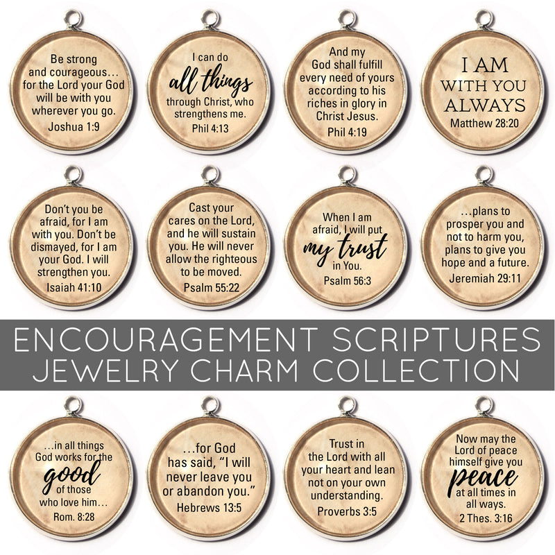 Encouragement Scriptures - Set of 12 Christian Bible Verse Charms for Jewelry Making – 16mm, Silver – Bulk Bracelet Charms