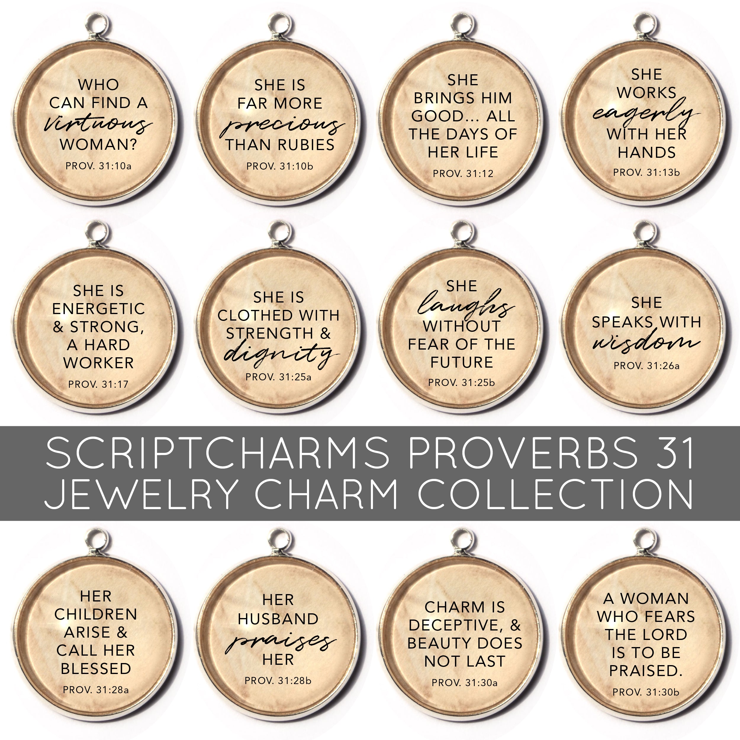 Proverbs 31 Woman - Set of 12 Scripture Charms for Jewelry Making, 16 or 20mm, Gold