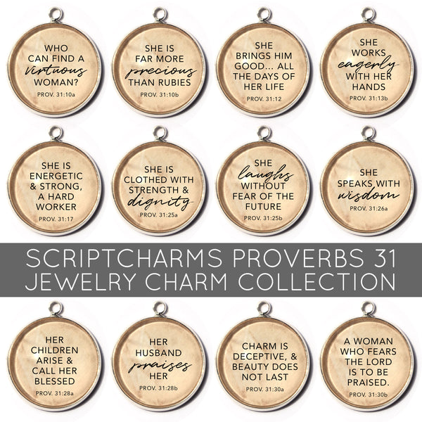Proverbs 31 Woman - Set of 12 Scripture Charms for Jewelry Making, 16 or 20mm, Silver