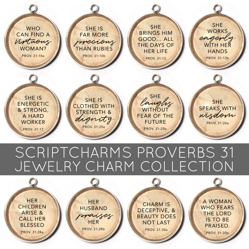 Proverbs 31 Woman - Set of 12 Scripture Charms for Jewelry Making, 16 or 20mm, Silver