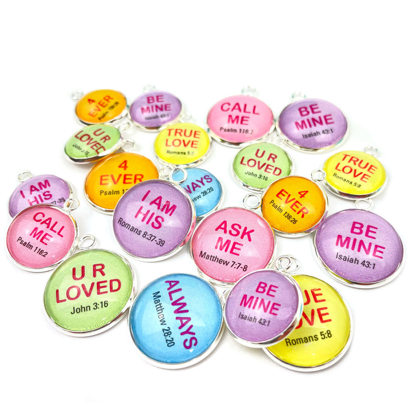 Valentine's Conversation Hearts Charms for Jewelry Making – 16 or 20mm, Silver – Bulk Wholesale Christian Scripture Charms