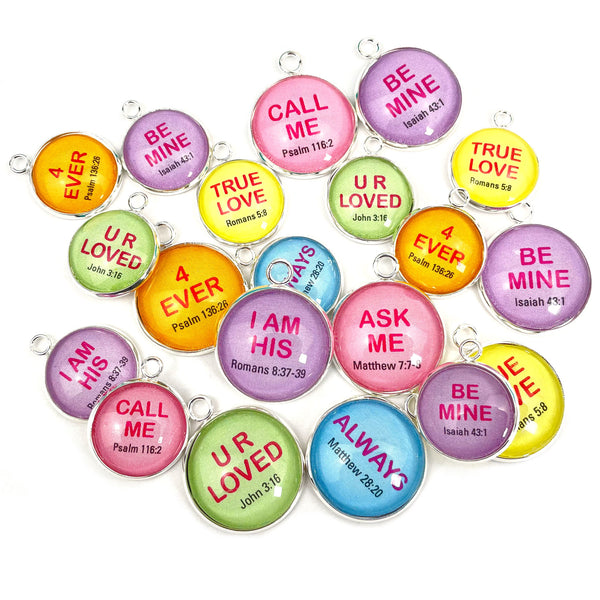 Valentine's Conversation Hearts Charms for Jewelry Making – 16 or 20mm, Silver – Bulk Wholesale Christian Scripture Charms