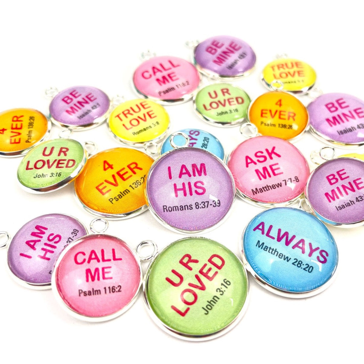 Valentine's Conversation Hearts Charms for Jewelry Making – 16 or 20mm, Silver – Bulk Wholesale Christian Scripture Charms