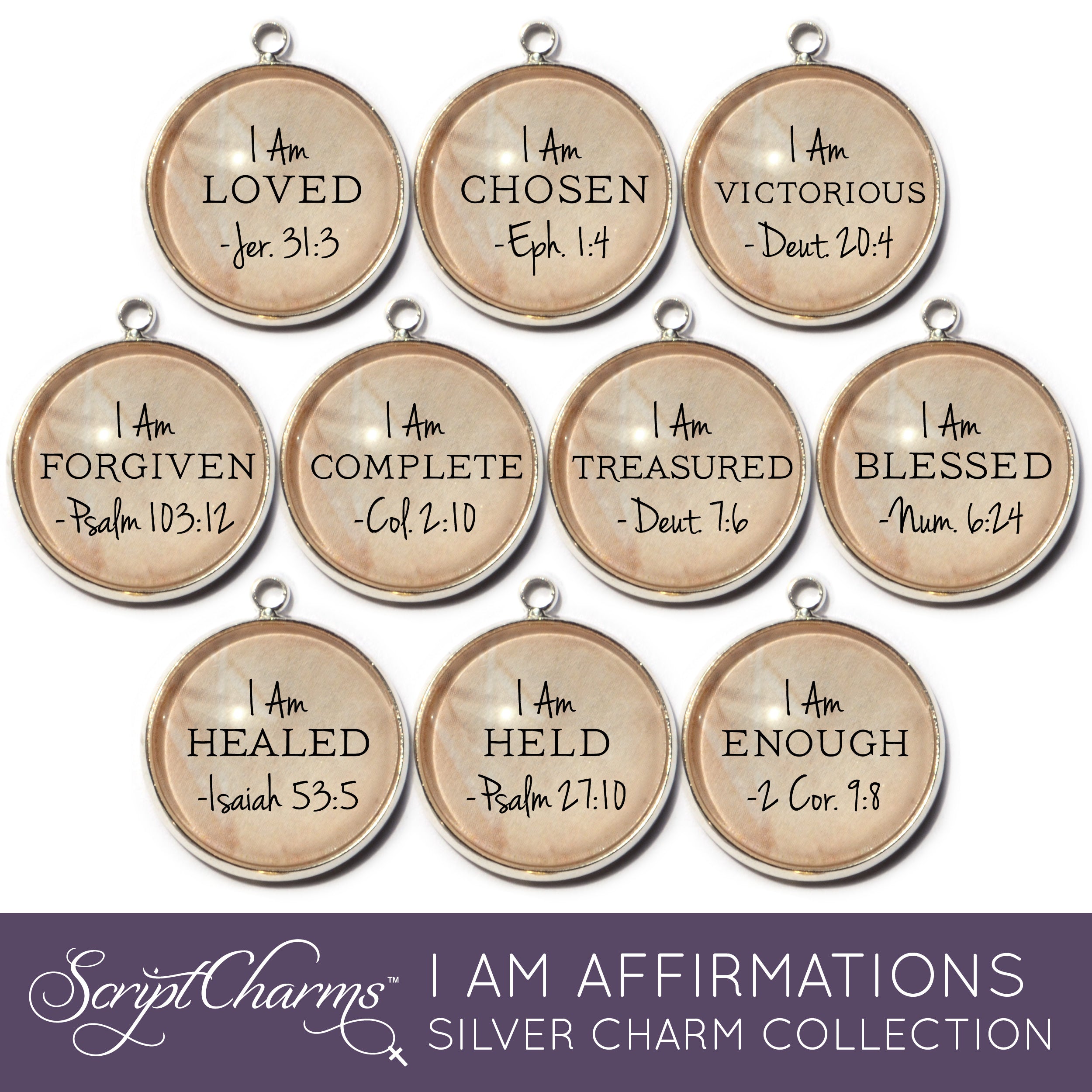 I AM Loved, Blessed, Forgiven, Enough Affirmations – 16mm Glass Scripture Jewelry Making Charms – Bulk Designer Christian Religious Charms