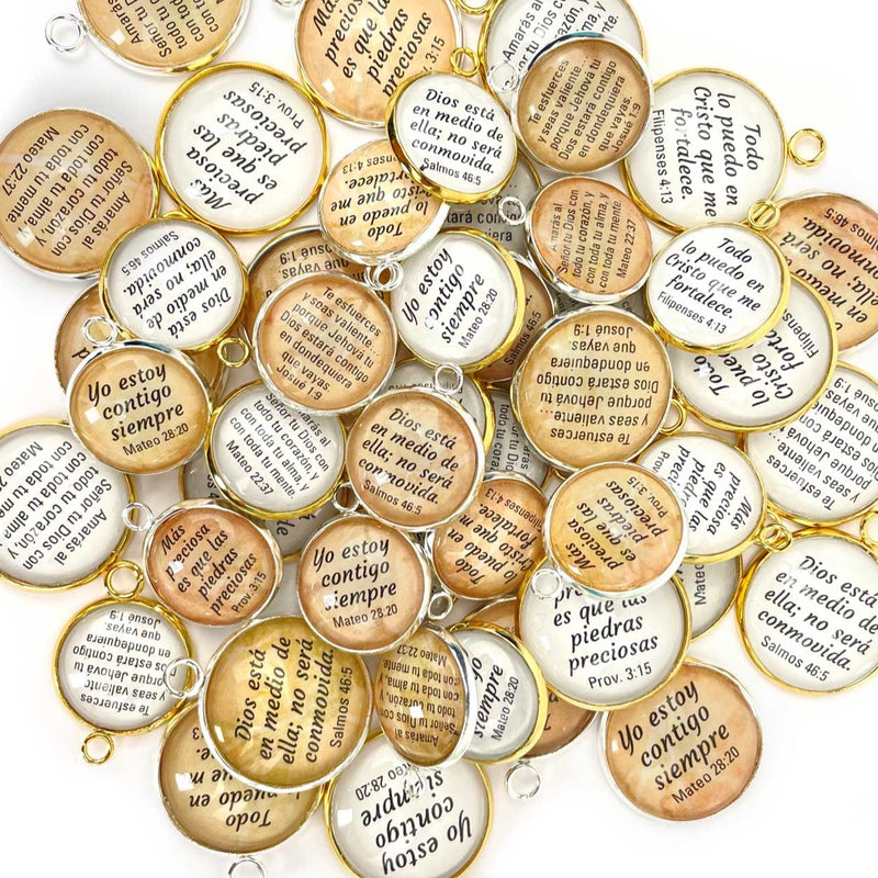 Spanish Scripture Charms – Set of 6 Religious Charms for Jewelry Making – 16 or 20mm, Silver, Gold – Bulk Christian Jewelry Charms