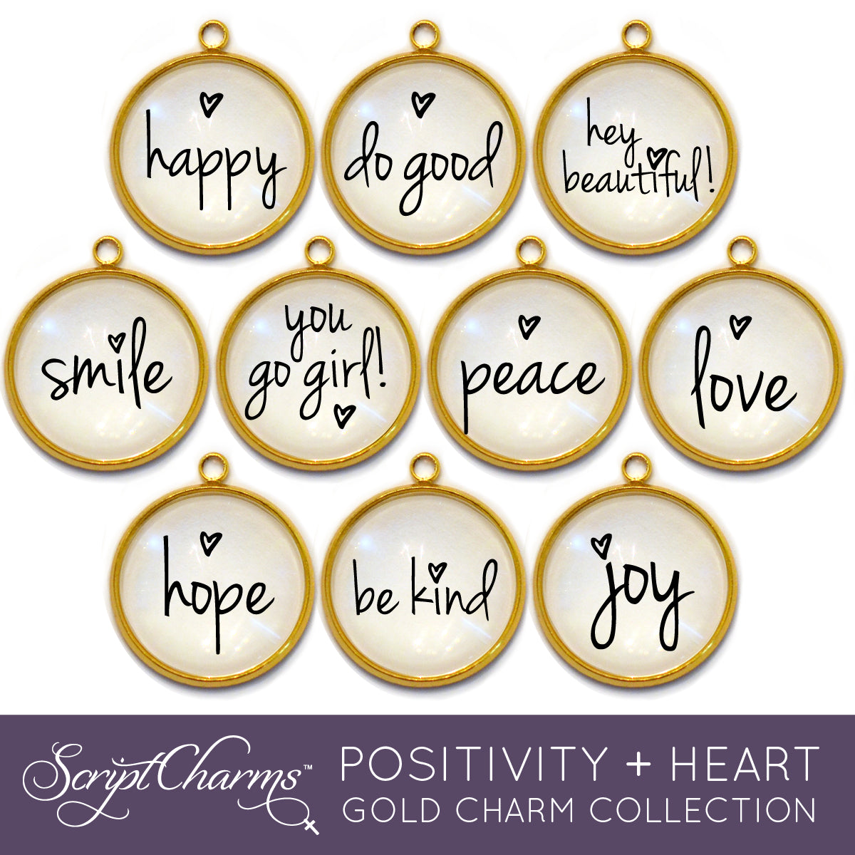 "Positivity + Heart" Set of 10 Charms for Jewelry Making, 20mm, Gold