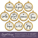 "Positivity + Heart" Set of 10 Charms for Jewelry Making, 20mm, Gold