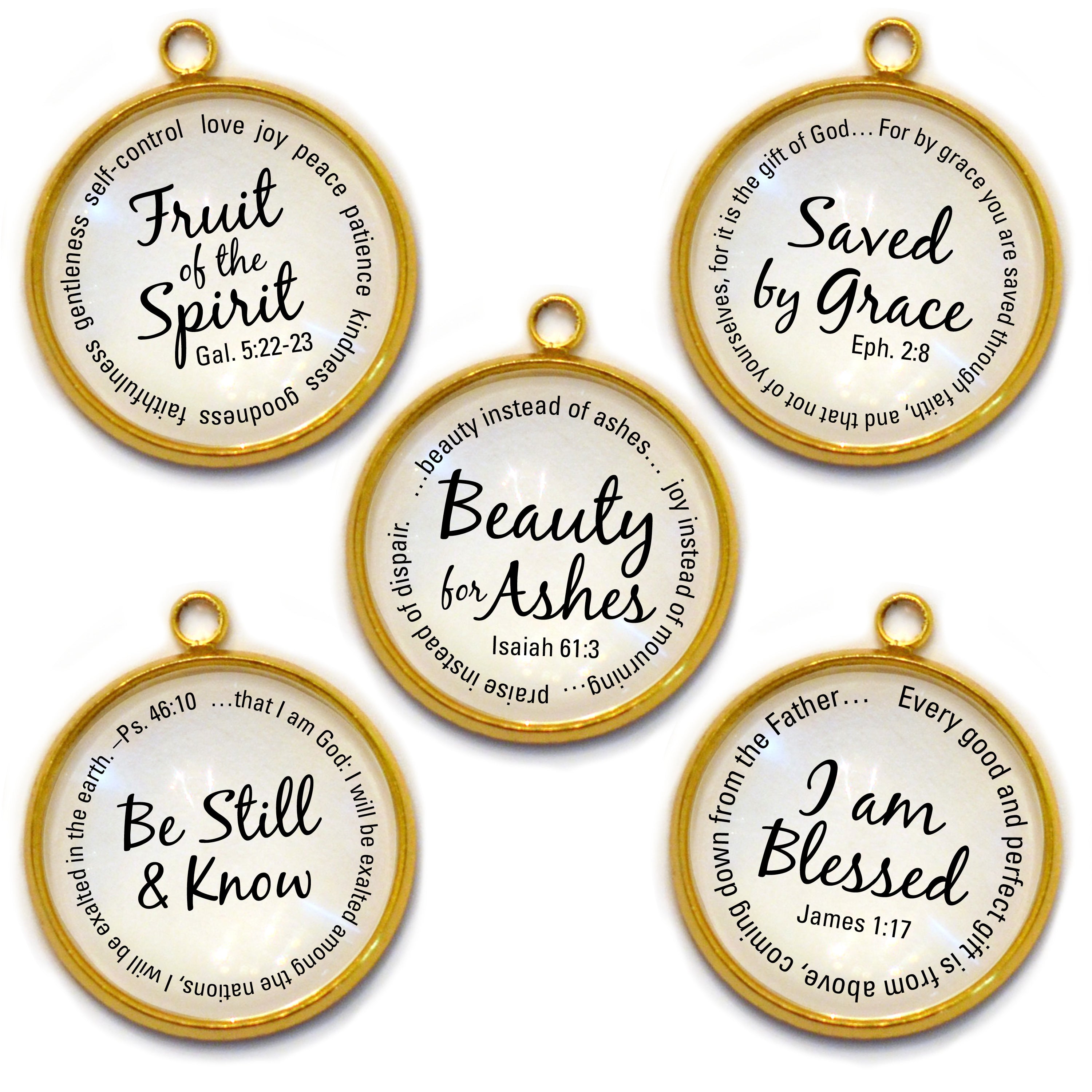 Be Still & Know, Fruit of the Spirit, Beauty for Ashes, Saved By Grace, Blessed – Scripture Charm Set for Jewelry Making, 20mm, Silver, Gold