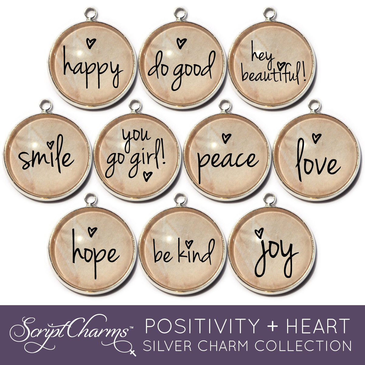 "Positivity + Heart" Set of 10 Charms for Jewelry Making, 20mm, Silver