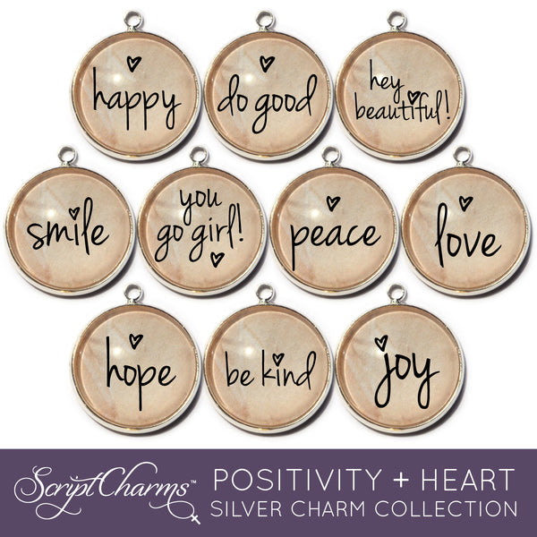 "Positivity + Heart" Set of 10 Charms for Jewelry Making, 20mm, Silver