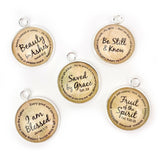 Be Still & Know, Fruit of the Spirit, Beauty for Ashes, Saved By Grace, Blessed – Scripture Charm Set for Jewelry Making, 20mm, Silver, Gold