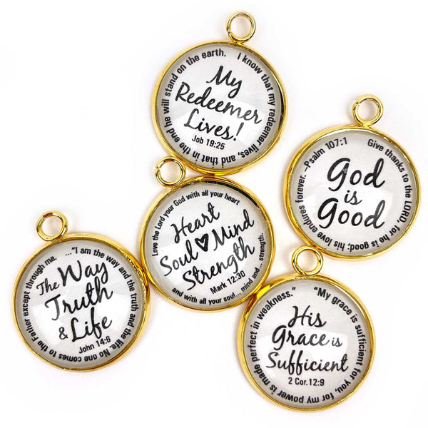 My Redeemer Lives, Heart Soul Mind Strength, God is Good, The Way Truth & Life, His Grace is Sufficient – Scripture Charm Set for Jewelry Making, 20mm, Silver, Gold