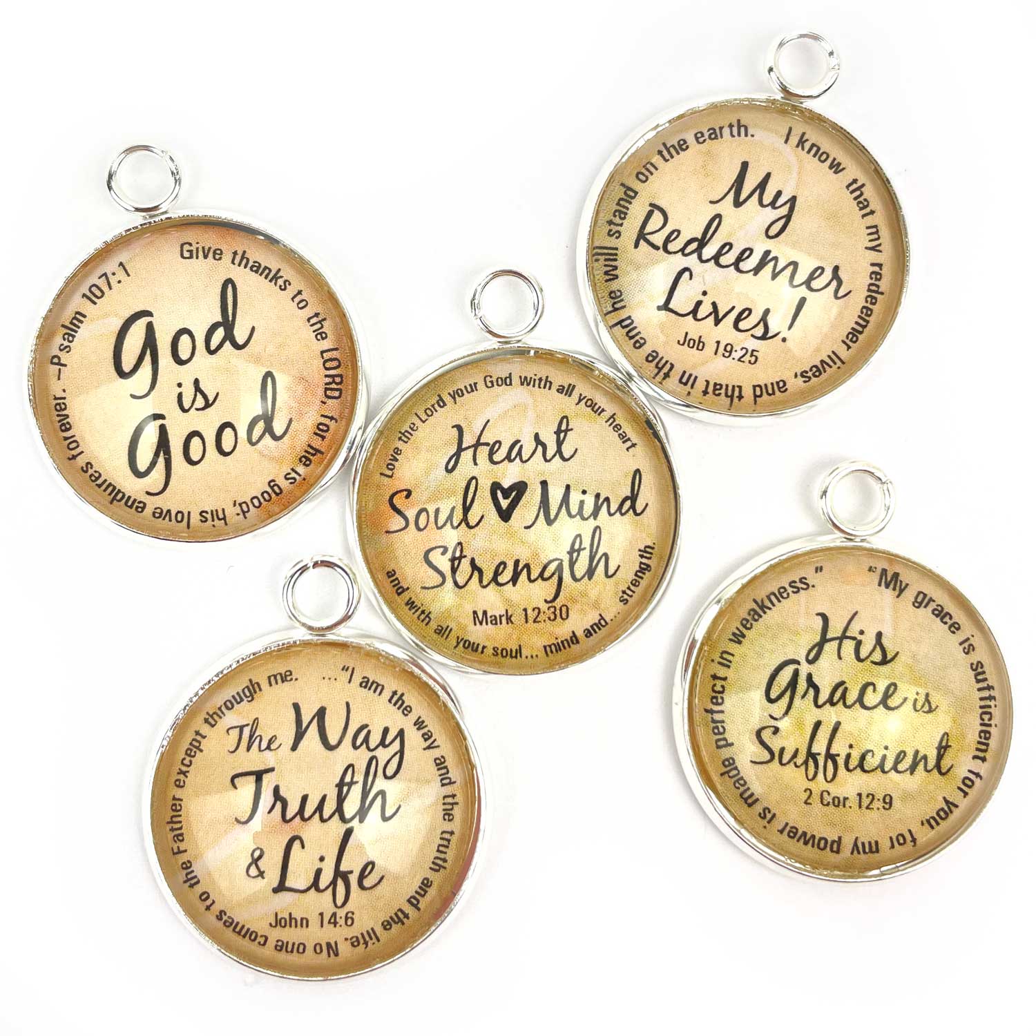 My Redeemer Lives, Heart Soul Mind Strength, God is Good, The Way Truth & Life, His Grace is Sufficient – Scripture Charm Set for Jewelry Making, 20mm, Silver, Gold