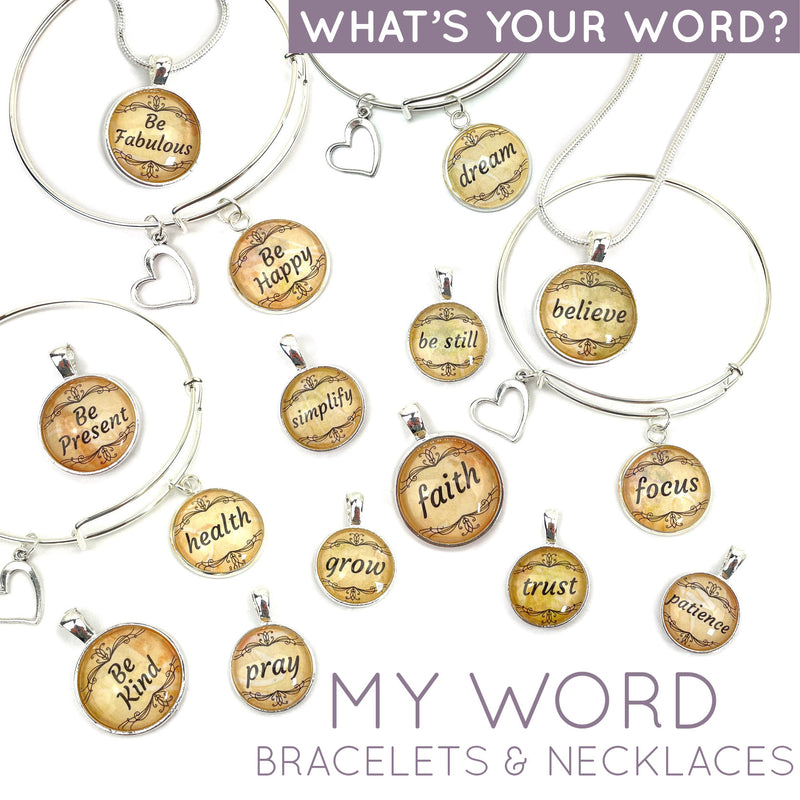 My Word 2022 – Keep Your Focus, Reach Your Goals! Charm Bangle Bracelet & Pendant Necklace