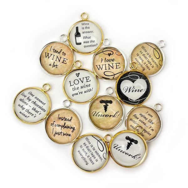I Love Wine, Glass Charm Set for Jewelry Making - Bulk Designer Charms - 16mm, 20mm Wholesale Merlot, Vino, Wine Bottle, Wine Glass Charms