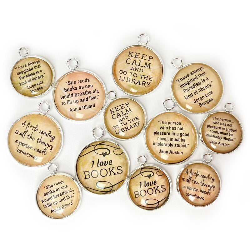 I Love Books & Reading, Glass Charm Set for Jewelry Making - Bulk Designer Charms - 16mm, 20mm Wholesale Book, Library, Reading Charms