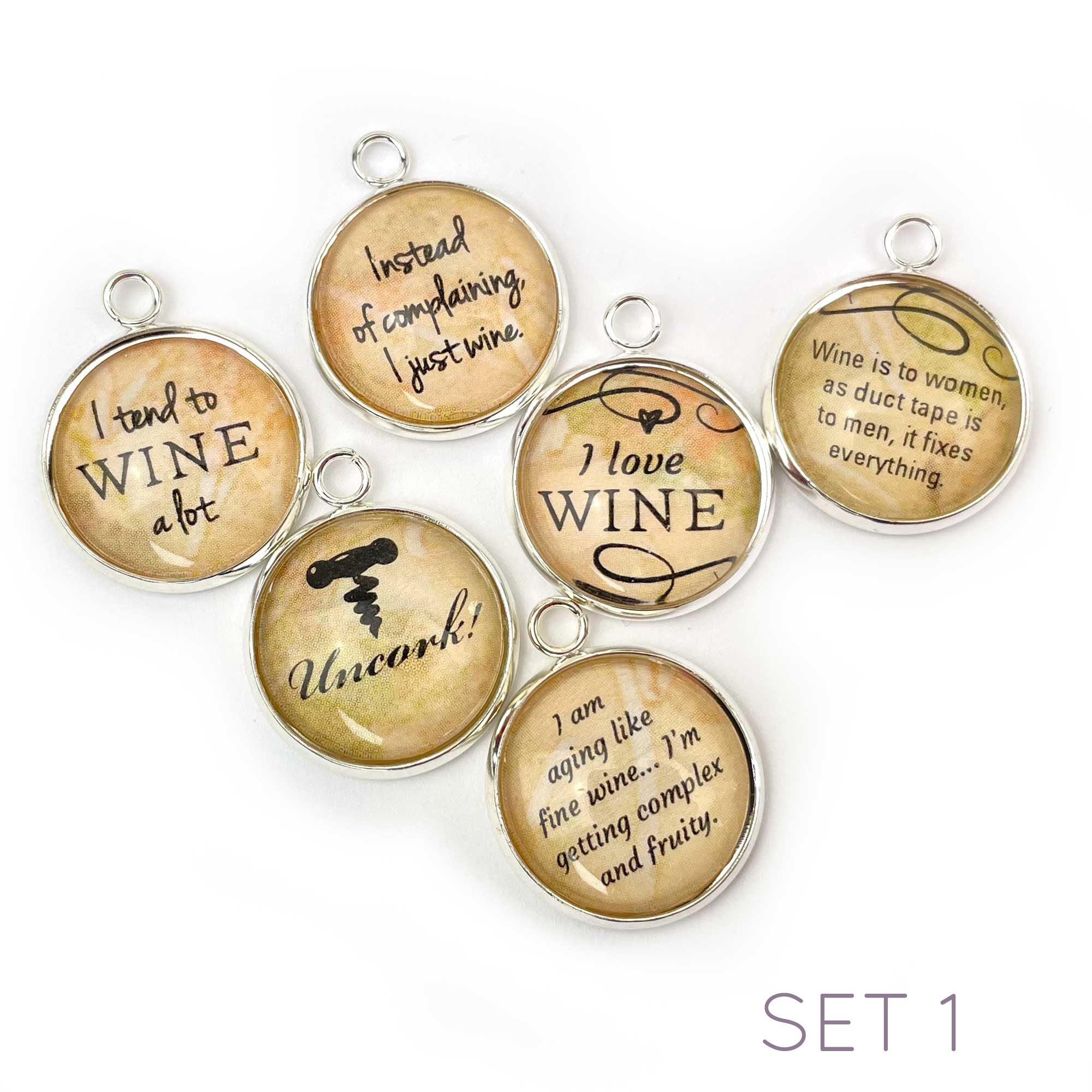 I Love Wine, Glass Charm Set for Jewelry Making - Bulk Designer Charms - 16mm, 20mm Wholesale Merlot, Vino, Wine Bottle, Wine Glass Charms