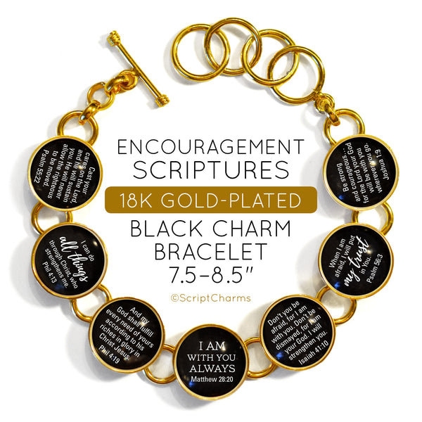 Encouragement Scriptures - 18K Gold-Plated Bible Verse Black Charm Bracelet