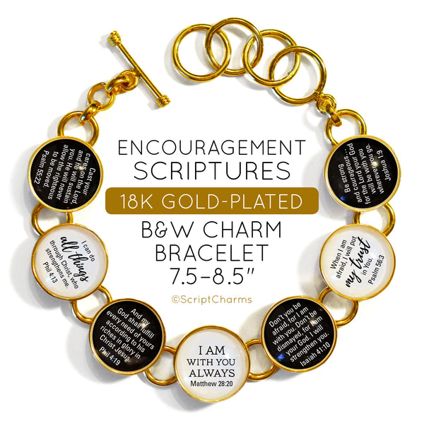 Encouragement Scriptures - 18K Gold-Plated Bible Verse B&W Charm Bracelet