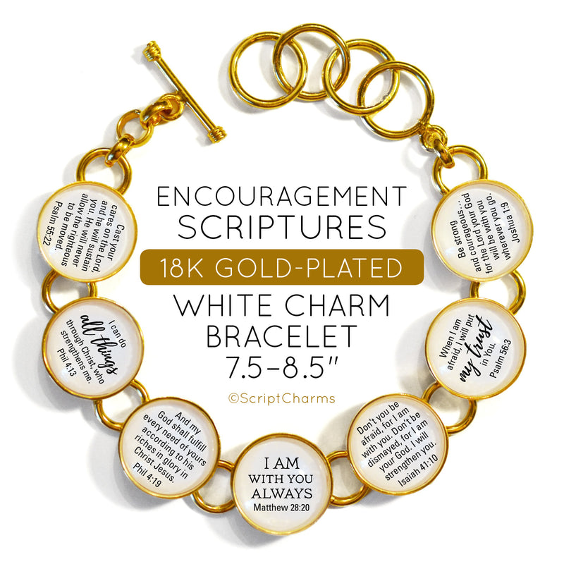 Encouragement Scriptures - 18K Gold-Plated Bible Verse White Charm Bracelet