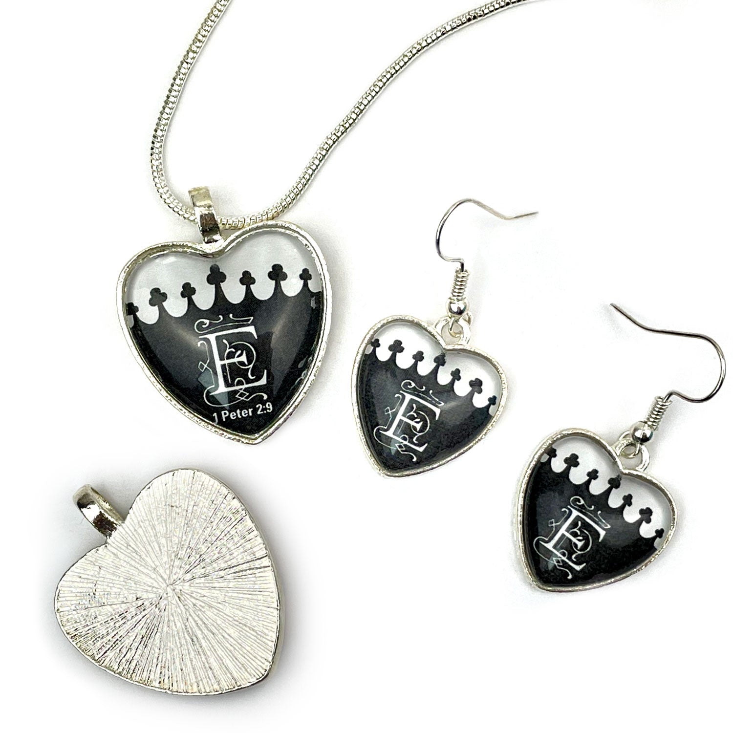 Personalized "You are Royalty" 1 Peter 2:9 Scripture Heart Pendant Necklace & Earring Set