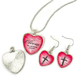 Personalized "You Are Loved" John 3:16 Pink Heart Scripture Pendant Necklace & Cross Earrings Set