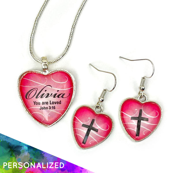 Personalized "You Are Loved" John 3:16 Pink Heart Scripture Pendant Necklace & Cross Earrings Set