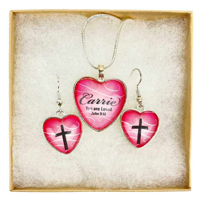 Personalized "Carrie, You Are Loved" John 3:16 Pink Heart Scripture Pendant Necklace & Cross Earrings Set